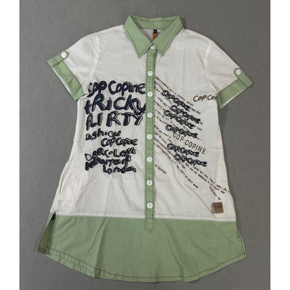 Cop Copine French Archival Graffiti Text Print Shirt Dress Tunic Green White 38